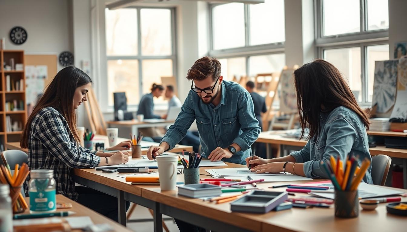 Students studying together in modern classroom